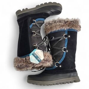 Baretraps Women's Black Winter Boots W/Faux Fur & Blue Trim "Yardley" 8-1/2M NWT